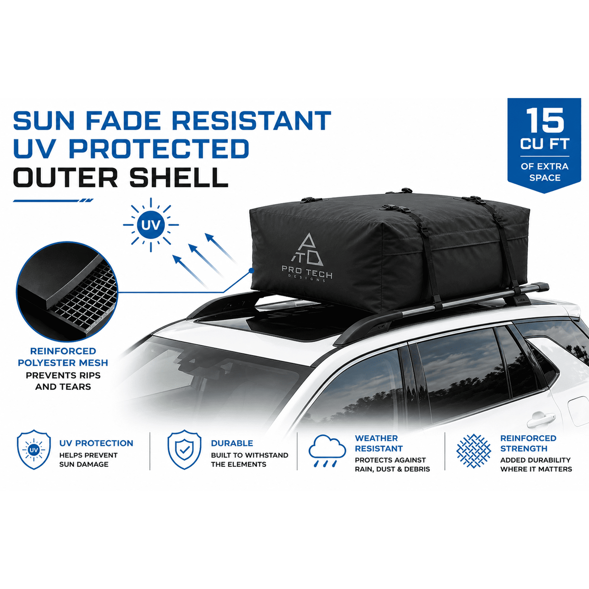 Journeyer - 15 Cubic Feet Weatherproof Rooftop Cargo Carrier for Top of Vehicle, Attaches With or Without Roof Rack