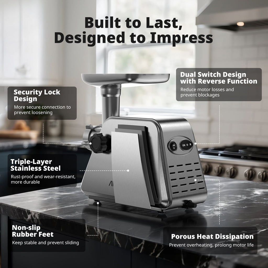 AIRMSEN Stainless Steel Meat Grinder, Electric 3 in 1 Meat Mincer with 2 Blades & 3 Plates, Sausage & Kubbe Maker Kit, Fixed Lock, Double Switch