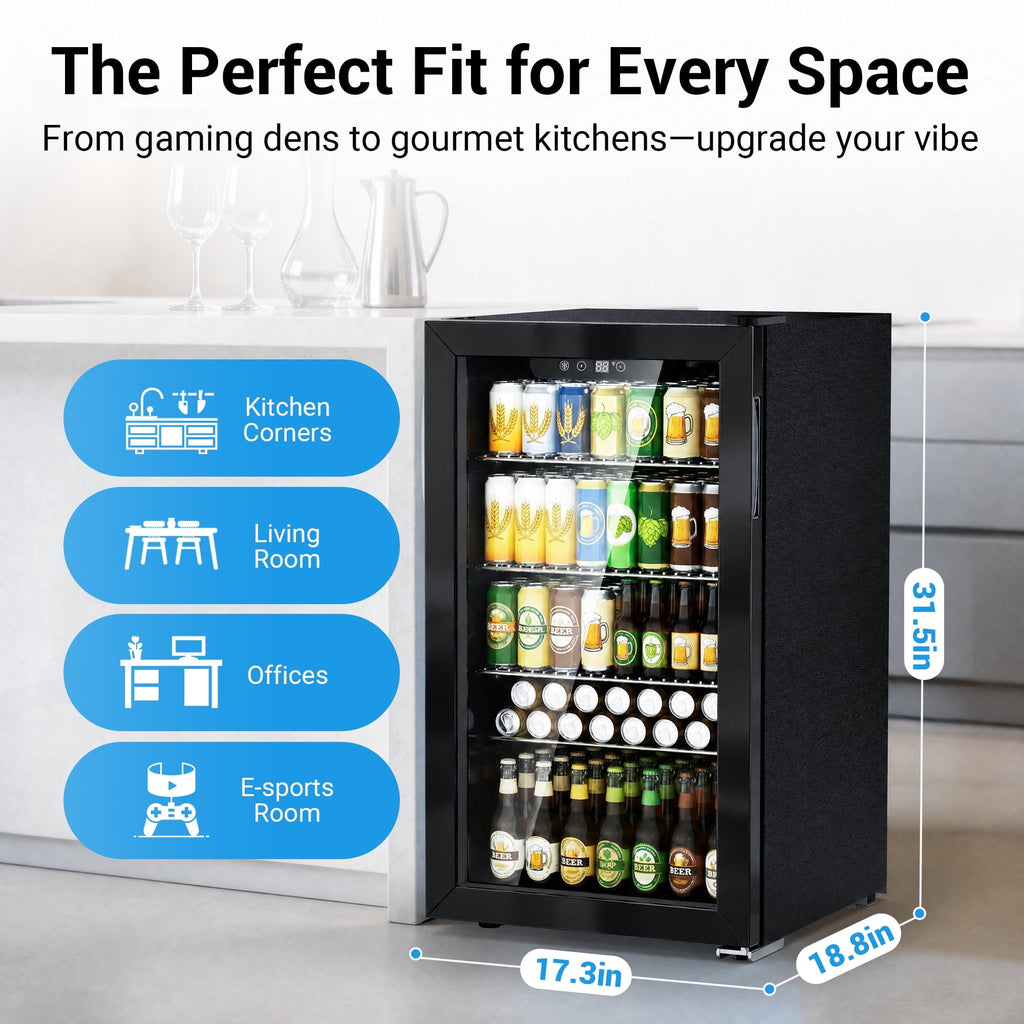 Snowyermine 130 Can Beverage Refrigerator and Cooler with Glass Door for Home, 17.3 in W, 31.5 in H, Black