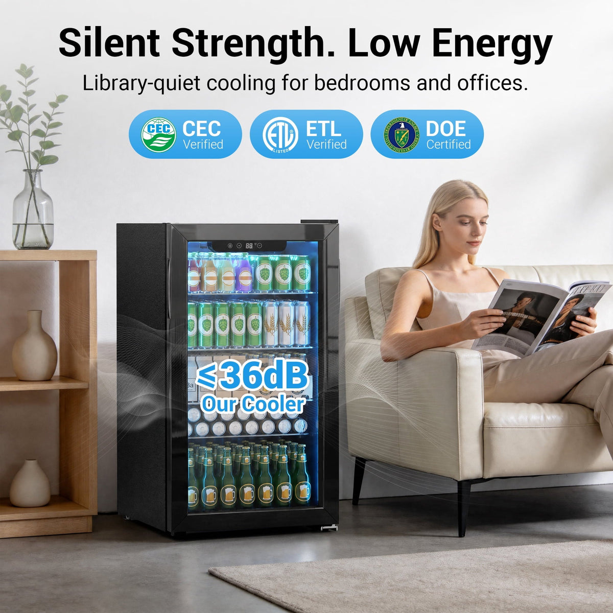 Snowyermine 130 Can Beverage Refrigerator and Cooler with Glass Door for Home, 17.3 in W, 31.5 in H, Black