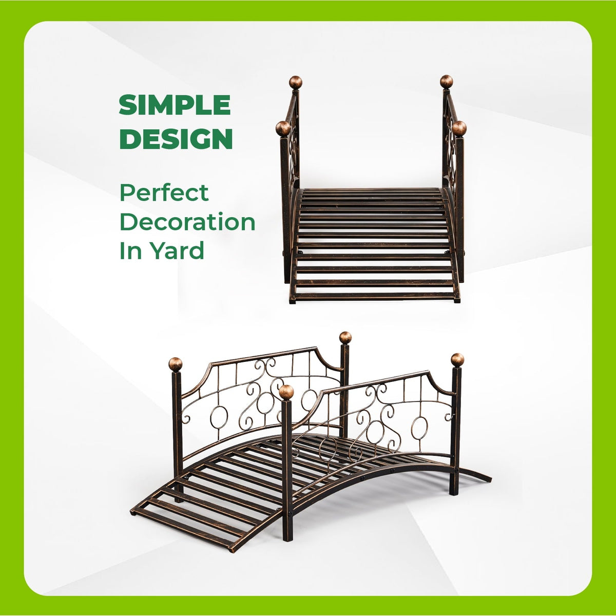 Ktaxon 3.3ft Wrought Iron Garden Footbridge with Flat Top Railings & Spherical Finials, Ornamental Pond Bridge for Yard Antique Bronze