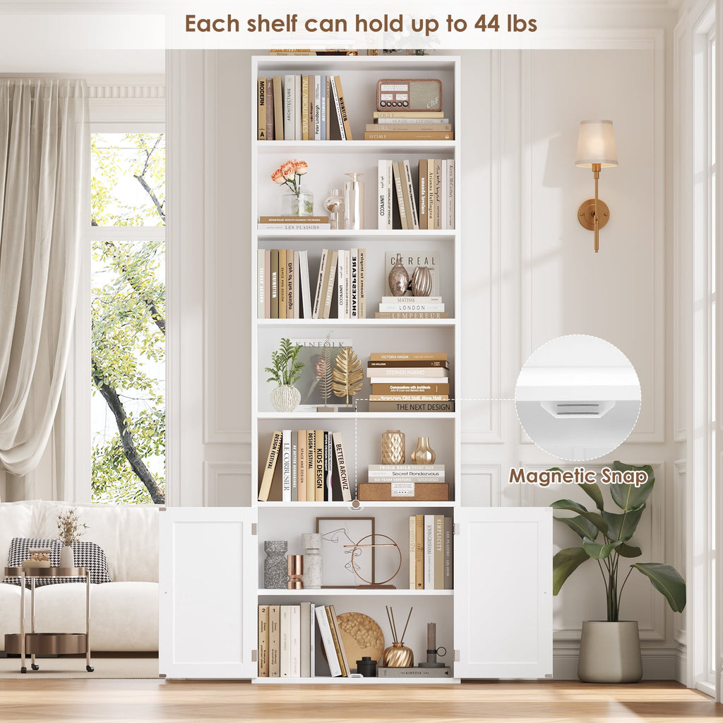 Hiphuta 82.3" Tall Bookcase with Doors, 5-Tier Bookshelves with Storage, 23.6"W Display Shelf with 2 Doors for Home Office, Living Room, White