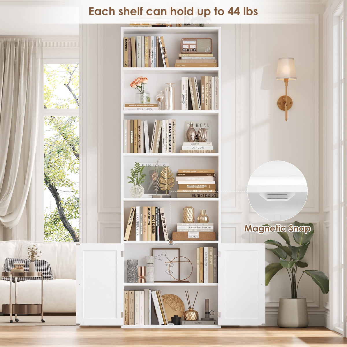 Hiphuta 82.3" Tall Bookcase with Doors, 5-Tier Bookshelves with Storage, 23.6"W Display Shelf with 2 Doors for Home Office, Living Room, White