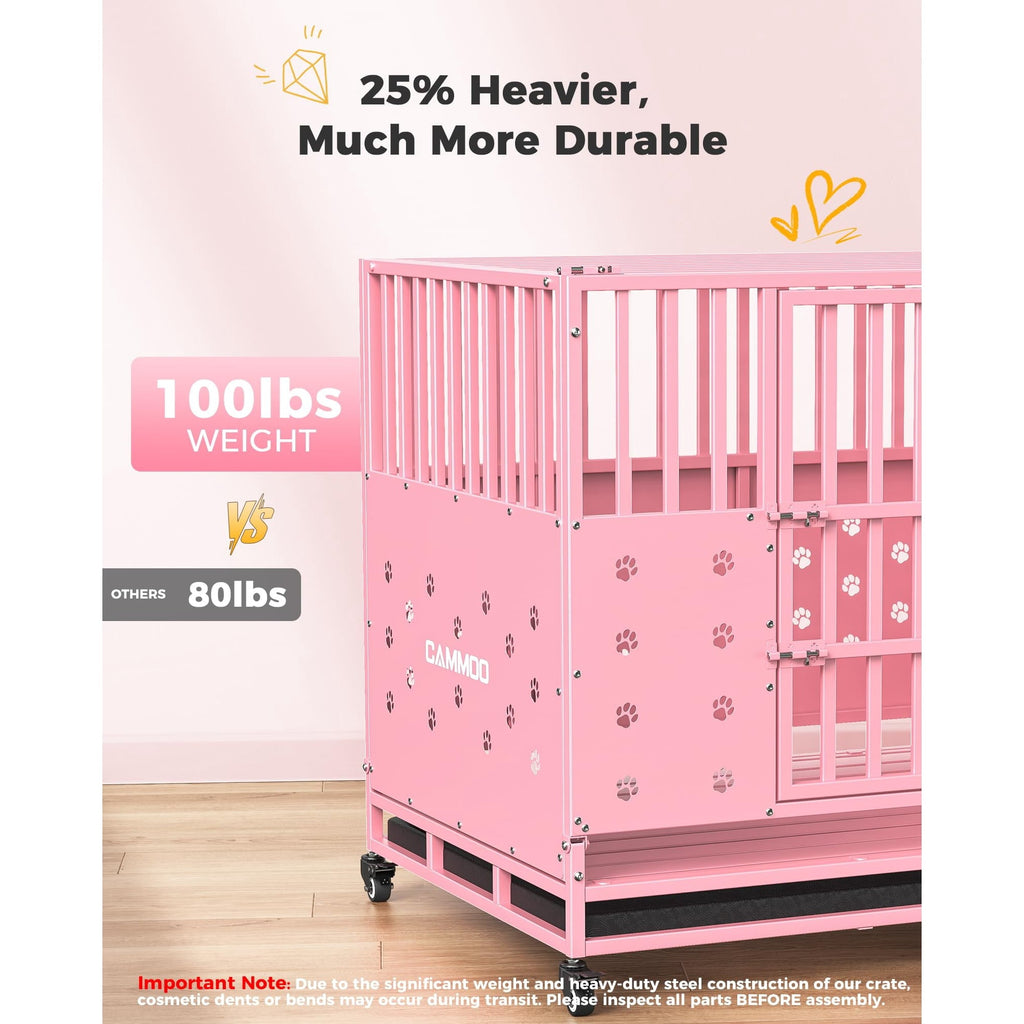 CAMMOO 48" Foldable Heavy Duty Dog Crate Cage for Large Dogs,XL Dog Kennel Indoor,4 Lockable Wheels,Widened Floor Panel,Adjustable Internal Height