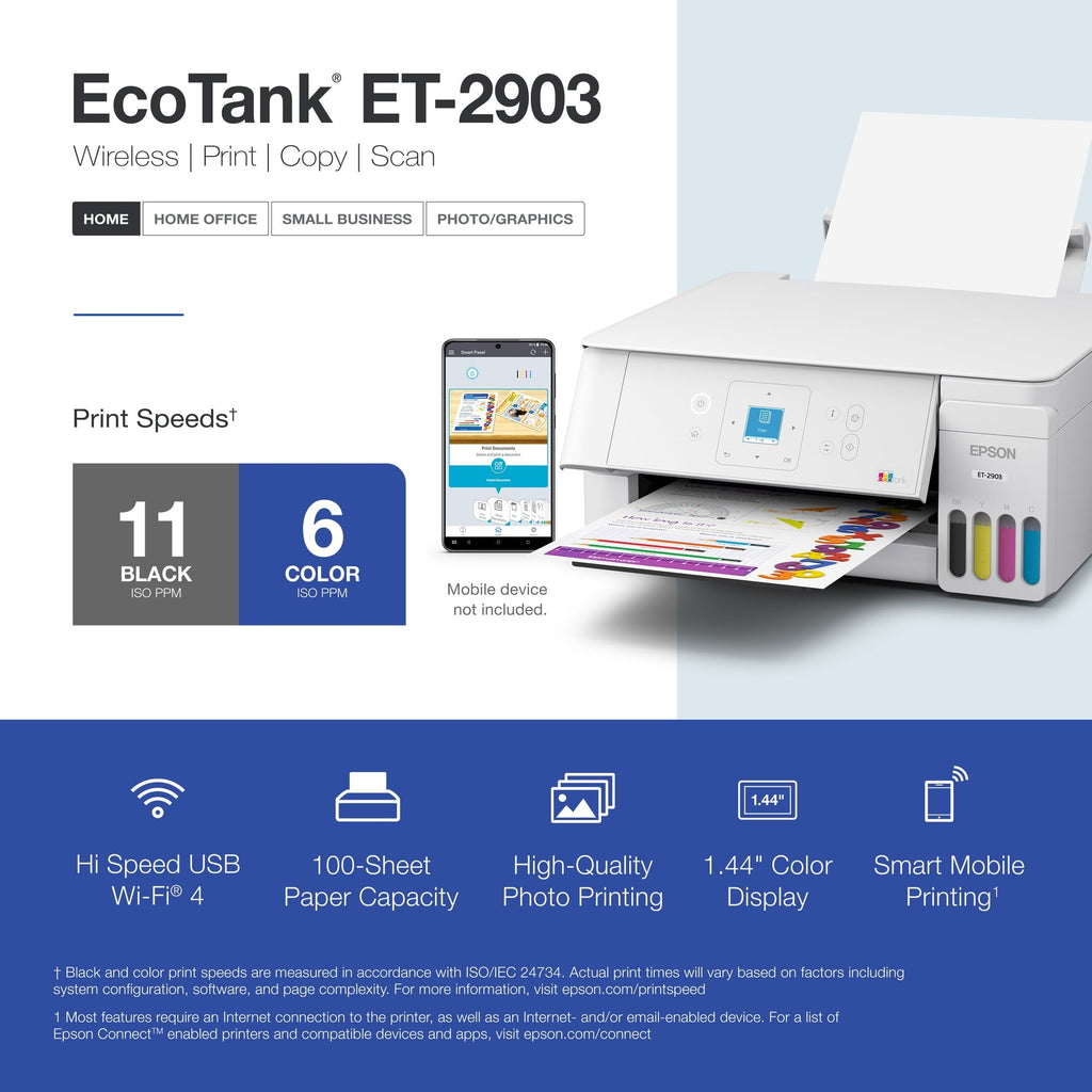 Epson EcoTank ET-2903 Wireless All-in-One Color Supertank Printer with up to 3 Years of Ink, Refillable Tanks, Perfect for Home, 11 PPM, 1.44" Color