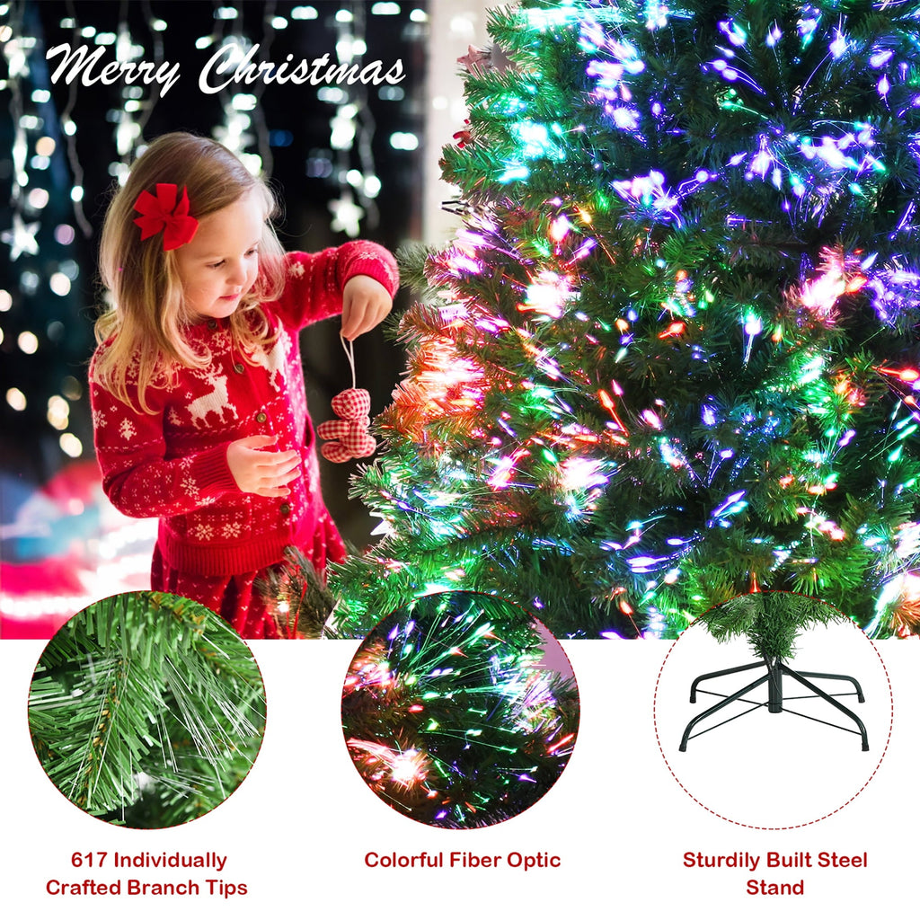 Costway 6ft Pre-lit Fiber Optic PVC Artificial Christmas Tree w/ 617 Branch Tips