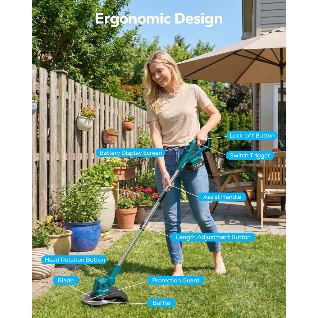 HOTREE 21V Cordless Weed Eater & String Trimmer, Foldable 3-in-1 Weed Wacker, Edger and Brush Cutter with Digital Display, 2.0Ah Batteries & Charger