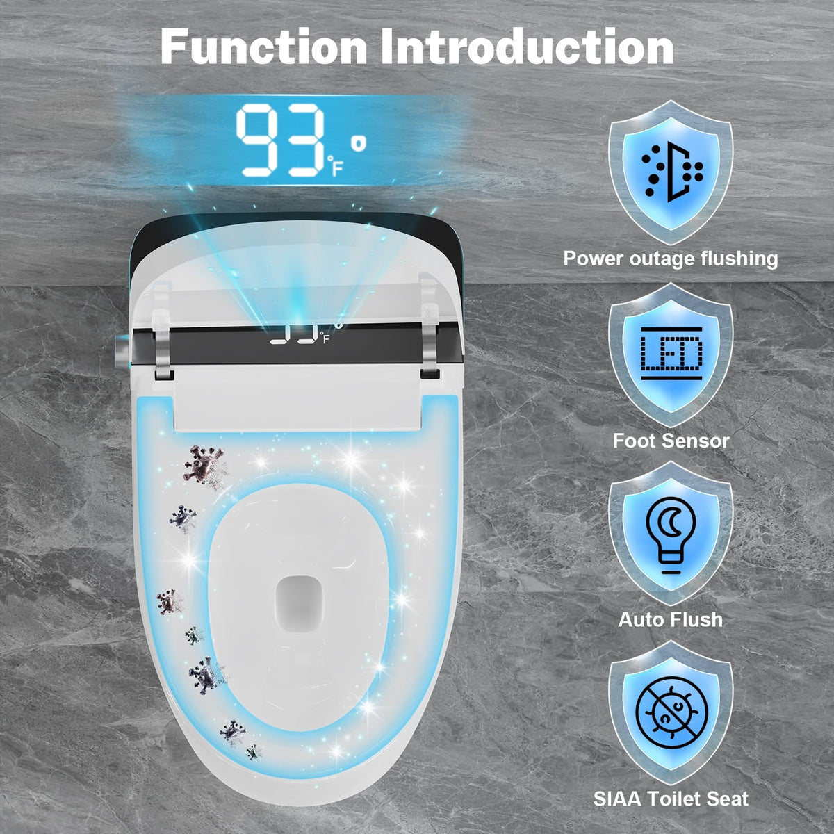 Smart Toilet with Heated Seat & Auto Flushing, Slow Close, Night Light, Remote Control, Water-Saving Siphon Dual Flush, Emergency Flush, UL Certified