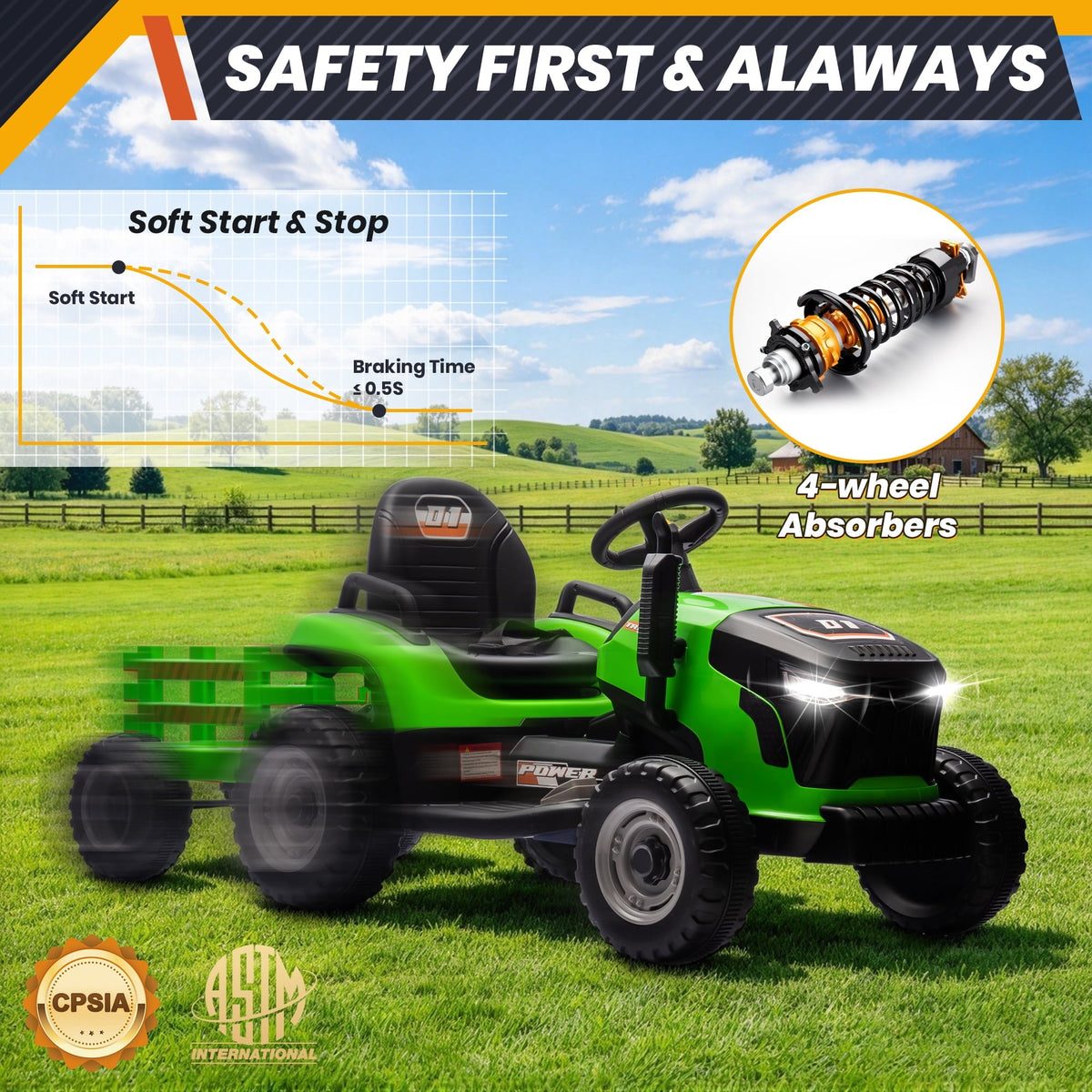Joyracer 24 Volt Ride on Toys, Ride on Tractor w/ Tiltable & Detachable Trailer, 2x200W Power Car Wheels for Kids, Remote Control, Bluetooth, Shifter