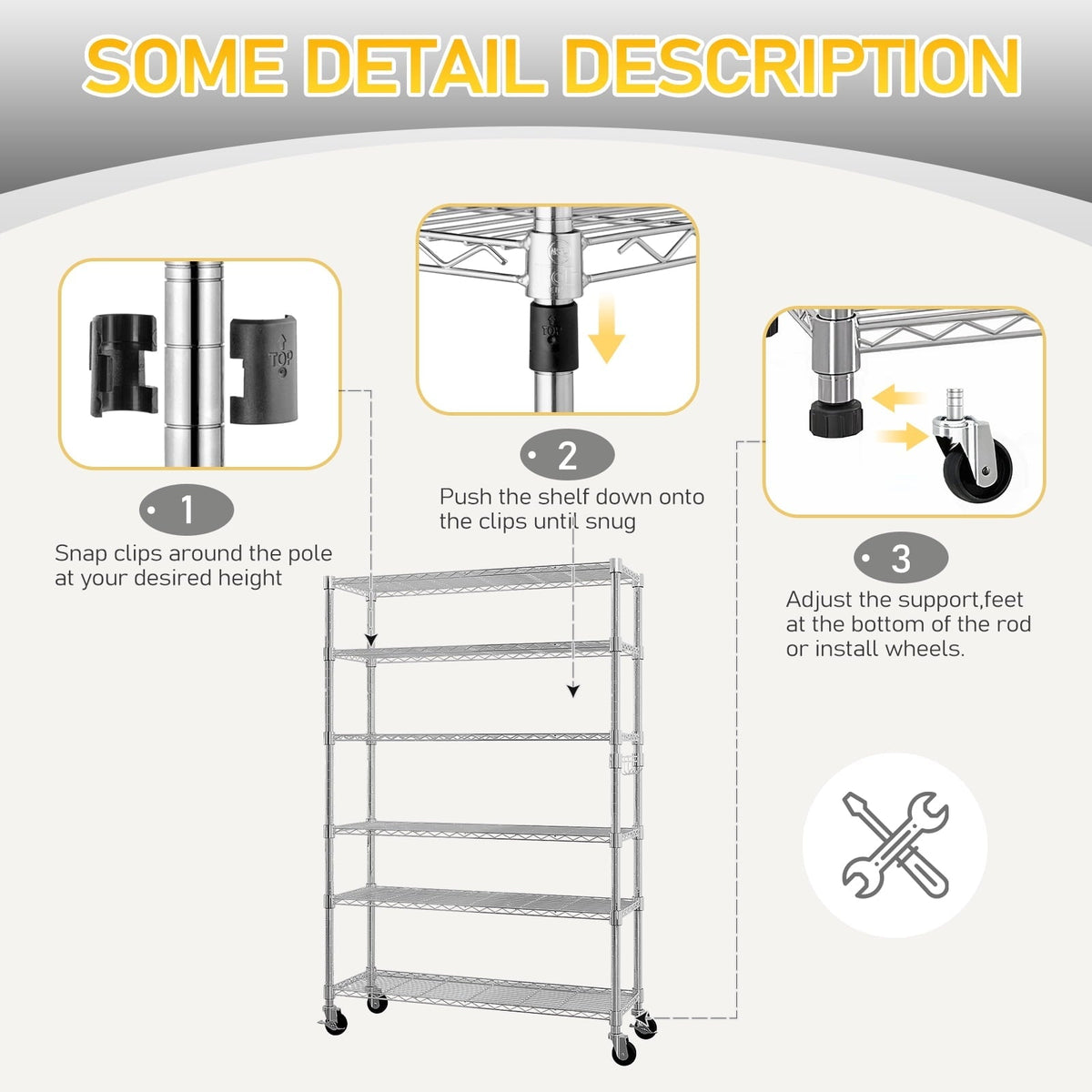 Ktaxon 6 Tier Wire Shelving with Wheels 2400lbs Capacity, Heavy Duty Storage Rack for Home Garage, 46"W x 18"D x 82"H Adjustable Shelves, Silver
