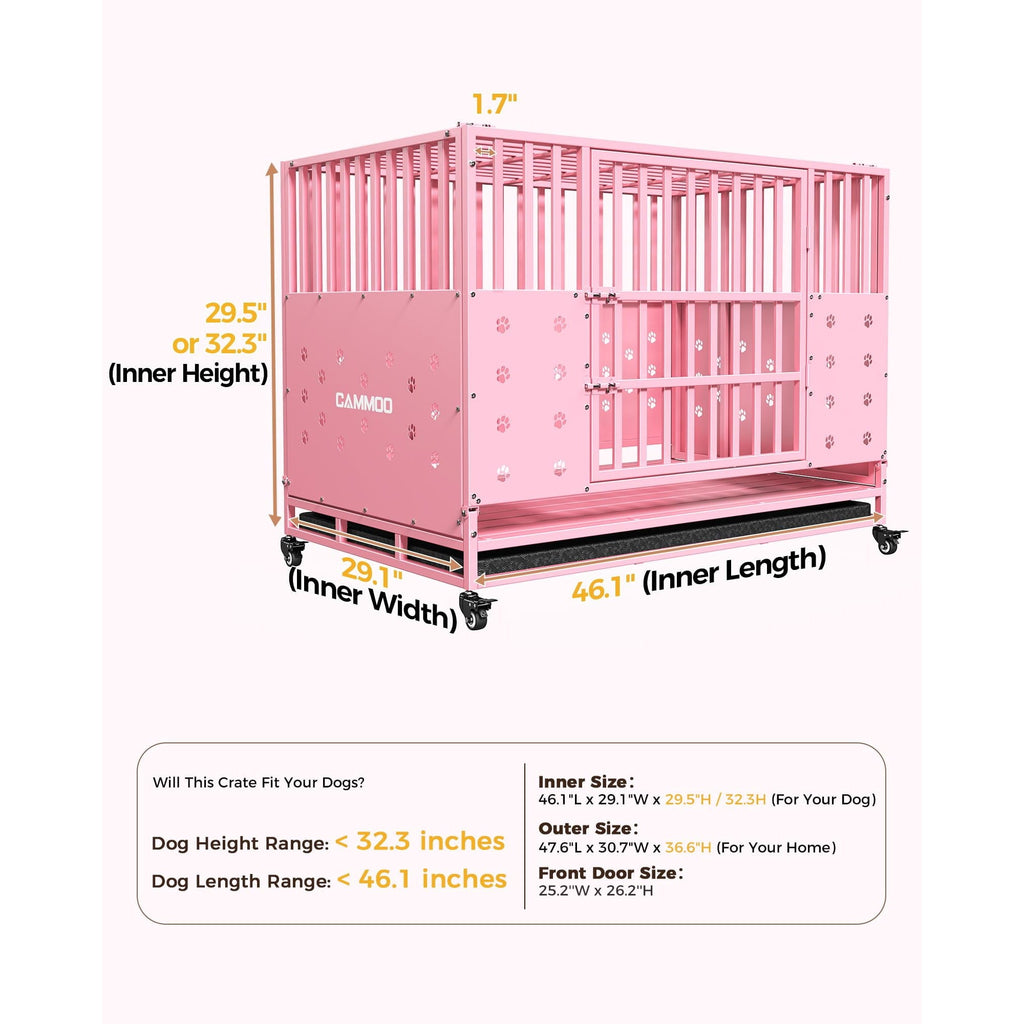 CAMMOO 48" Foldable Heavy Duty Dog Crate Cage for Large Dogs,XL Dog Kennel Indoor,4 Lockable Wheels,Widened Floor Panel,Adjustable Internal Height