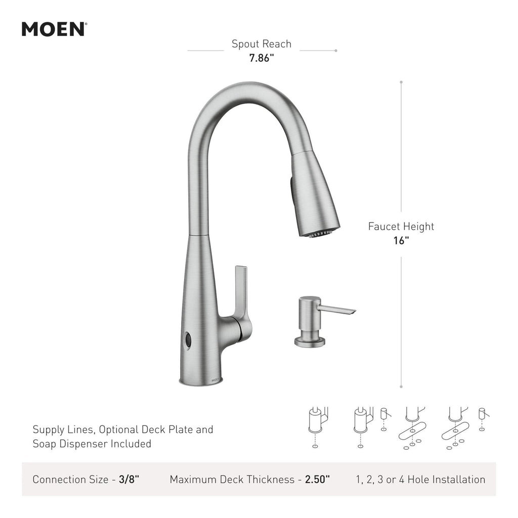 Moen Haelyn Chrome Touchless Single-Handle Pulldown Sprayer Kitchen Faucet with Soap Dispenser, Features Power Clean for a Faster Wash