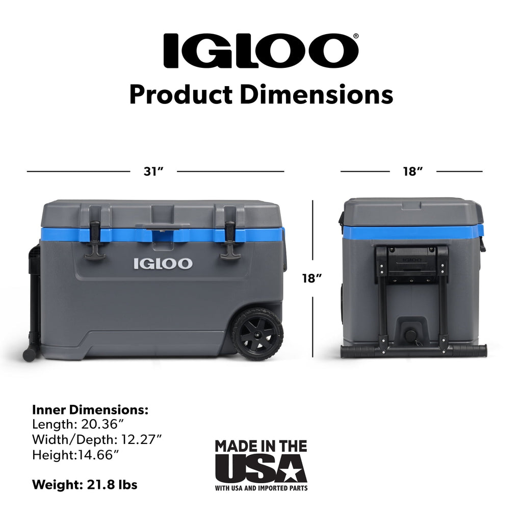 Igloo 72 QT Overland Ice Chest Cooler with Wheels, Gray and Sneaky Blue