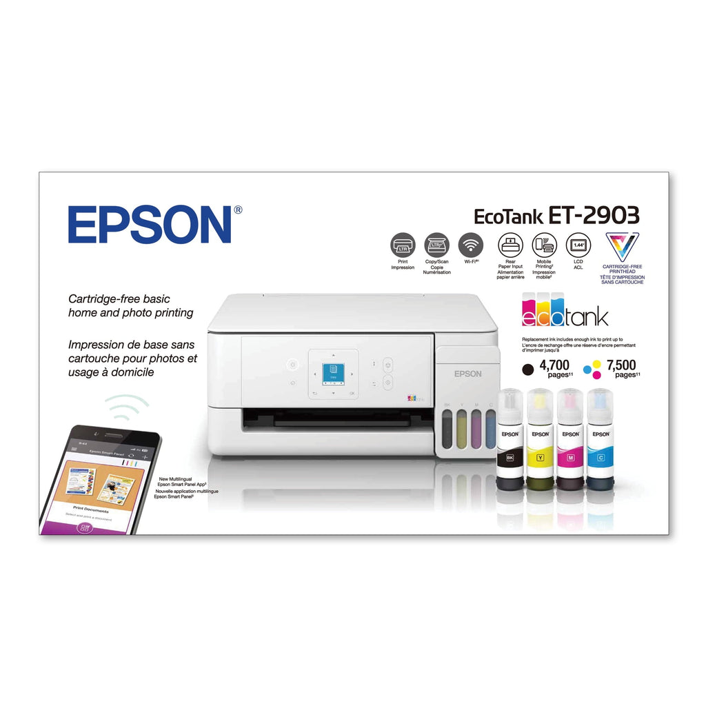 Epson EcoTank ET-2903 Wireless All-in-One Color Supertank Printer with up to 3 Years of Ink, Refillable Tanks, Perfect for Home, 11 PPM, 1.44" Color