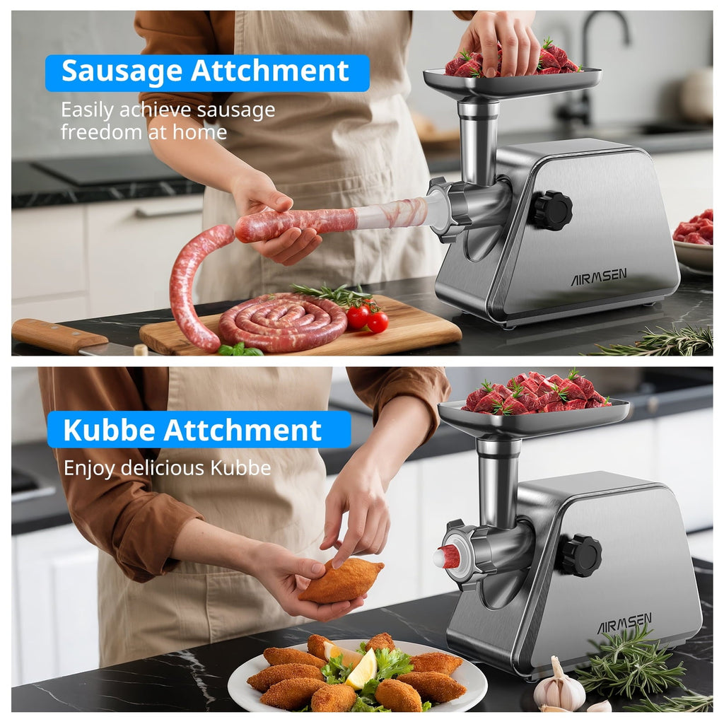 AIRMSEN Stainless Steel Meat Grinder, Electric 3 in 1 Meat Mincer with 2 Blades & 3 Plates, Sausage & Kubbe Maker Kit, Fixed Lock, Double Switch