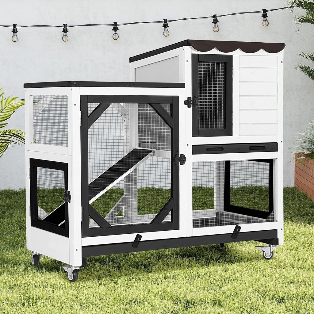2-Story Rabbit Hutch Bunny Cage with Leak-Proof Trays & Chew-Proof Ramp - Indoor/Outdoor 39.3" Wooden Rabbit Cage with Wheels (Black)