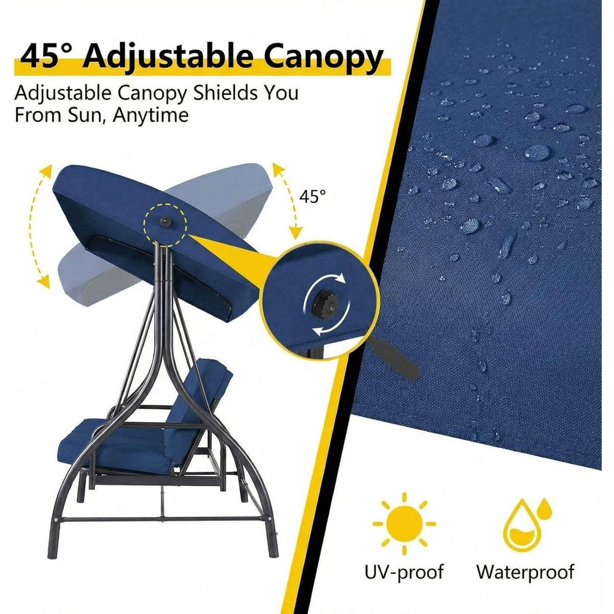 Arlopu 3-Seat Patio Swing Chair, Outdoor Converting Canopy Swing Glider Patio Hammock w/ Removable Cushions, Blue