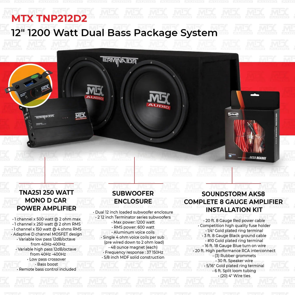 MTX 12in 1200 Watt Dual Car Subwoofer Package With Amplifier And Installation Kit - TNP212D2