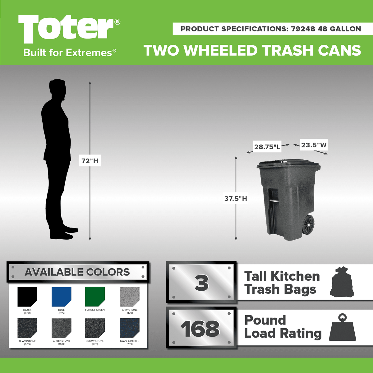 Toter 48-gallon black garbage can with wheels and lid