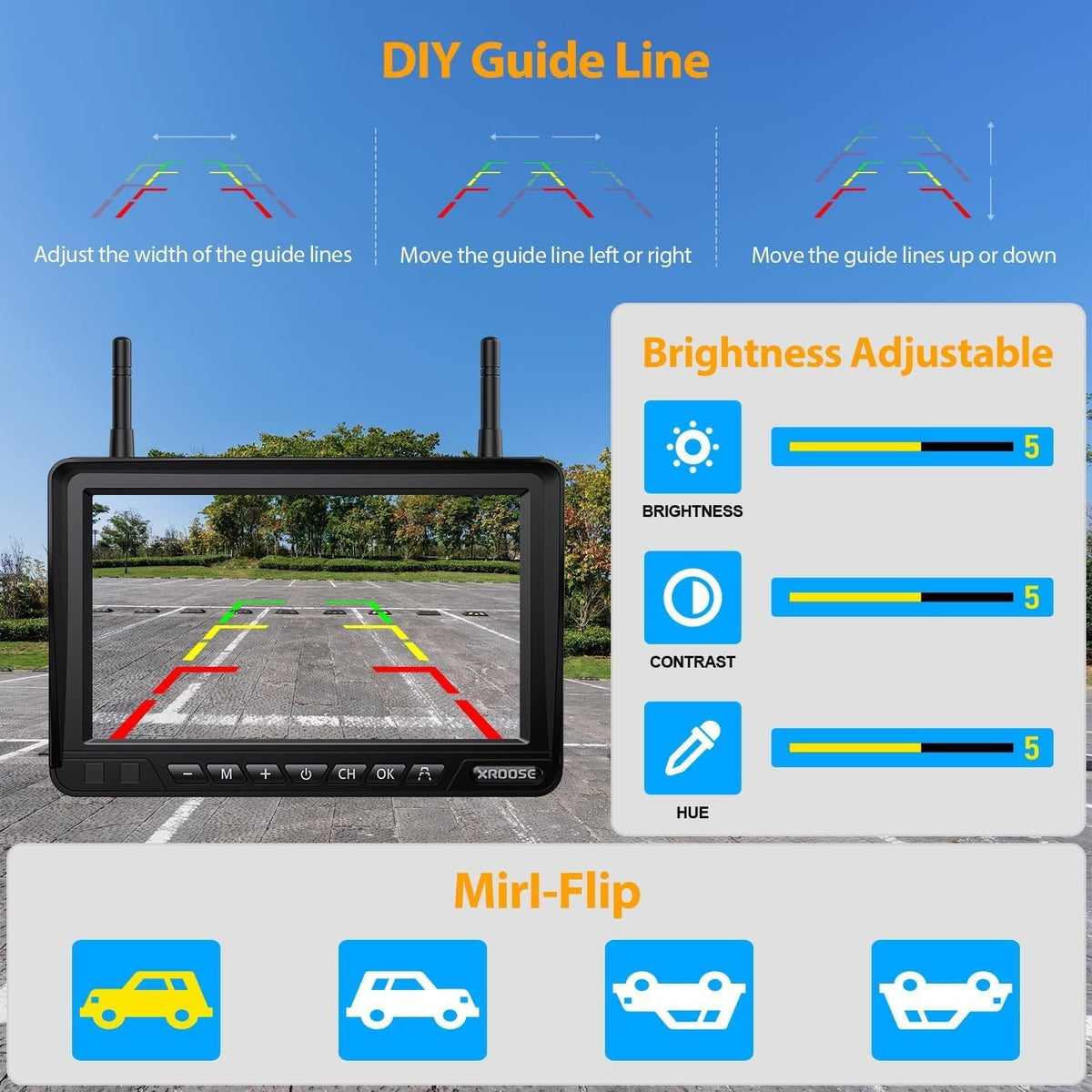 Xroose Magnetic Solar Wireless Backup Camera 7''HD 1080P Monitor No Drilling 2-Min Installation IR Night Vision Waterproof Rear View Camera