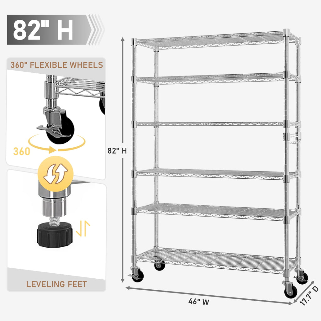 Ktaxon 6 Tier Wire Shelving with Wheels 2400lbs Capacity, Heavy Duty Storage Rack for Home Garage, 46"W x 18"D x 82"H Adjustable Shelves, Silver