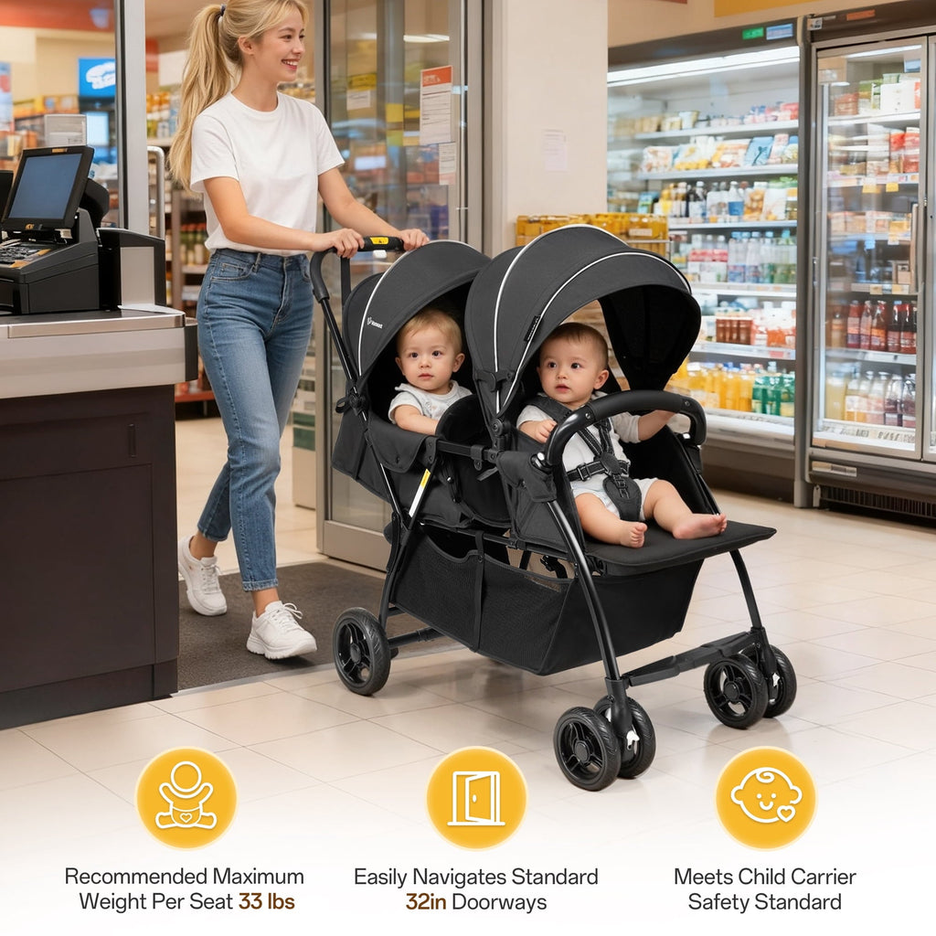 Vomeast Double Stroller for Twins, Foldable Lightweight Travel Stroller for Infant and Toddler, 5-Point Harness, Adjustable Canopy & Reclining Seat