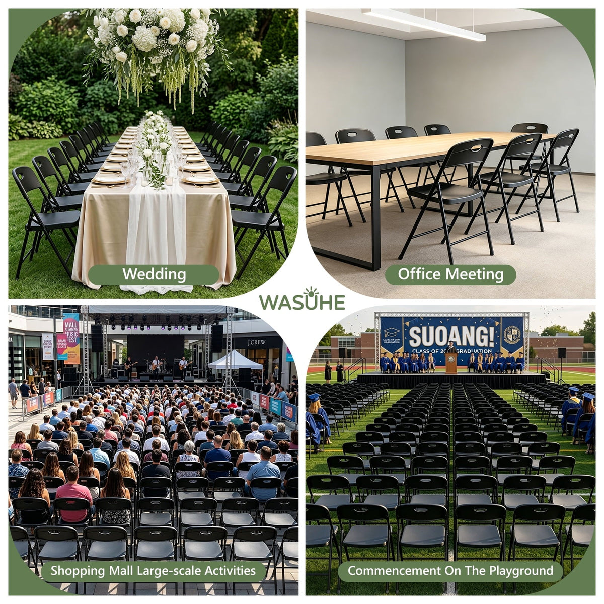 WASUHE 4 Pack Black Folding Chairs with Enhanced Iron Frame, Stackable Plastic Folding Chairs for Party, Wedding, Meeting Room, Weight Capacity 350
