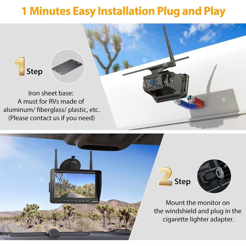 Xroose Magnetic Solar Wireless Backup Camera 7''HD 1080P Monitor No Drilling 2-Min Installation IR Night Vision Waterproof Rear View Camera