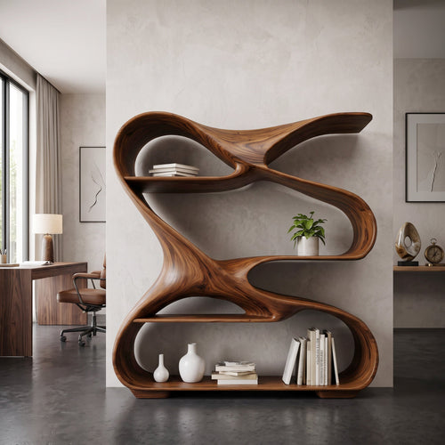 Modern Sculptural Wooden Bookshelf For Living Room Or Office Display