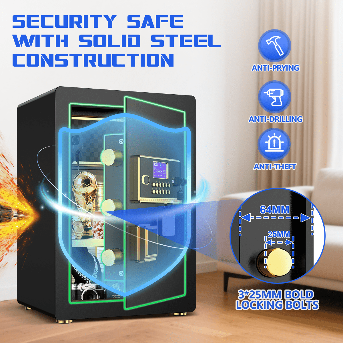 RYCUZO 5.0 Cuft Large Safe Box, Security Home Safe with Interior Safe Lock Box, Fireproof Waterproof Document Bag, Electronic Keypad Digital Lock