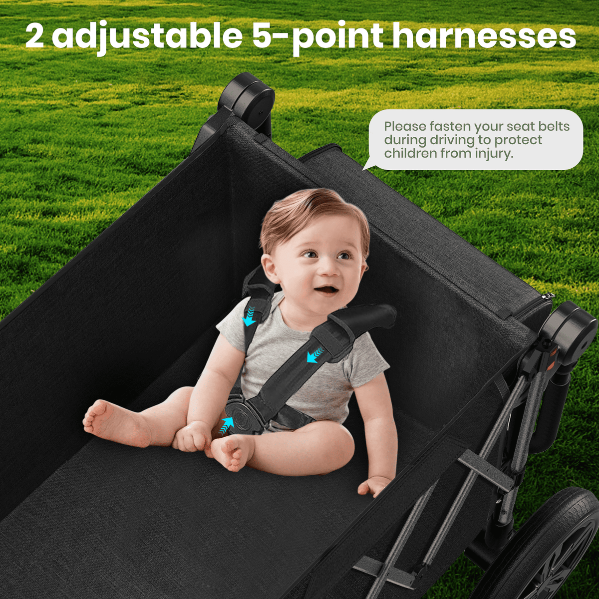 GVDV Wagon Stroller for Kids, 3-in-1 Collapsible Double Stroller Wagon for Toddlers with Removable Canopy, 5-Point Harness, Pull & Push Handle and