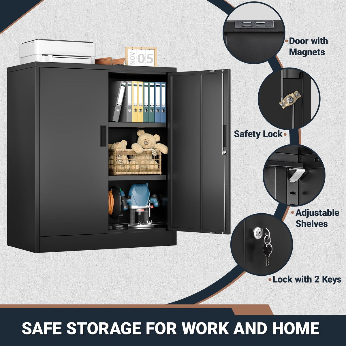 BESFUR Metal Storage Cabinet with Doors and Shelves, for Home, Office, Garage - Black
