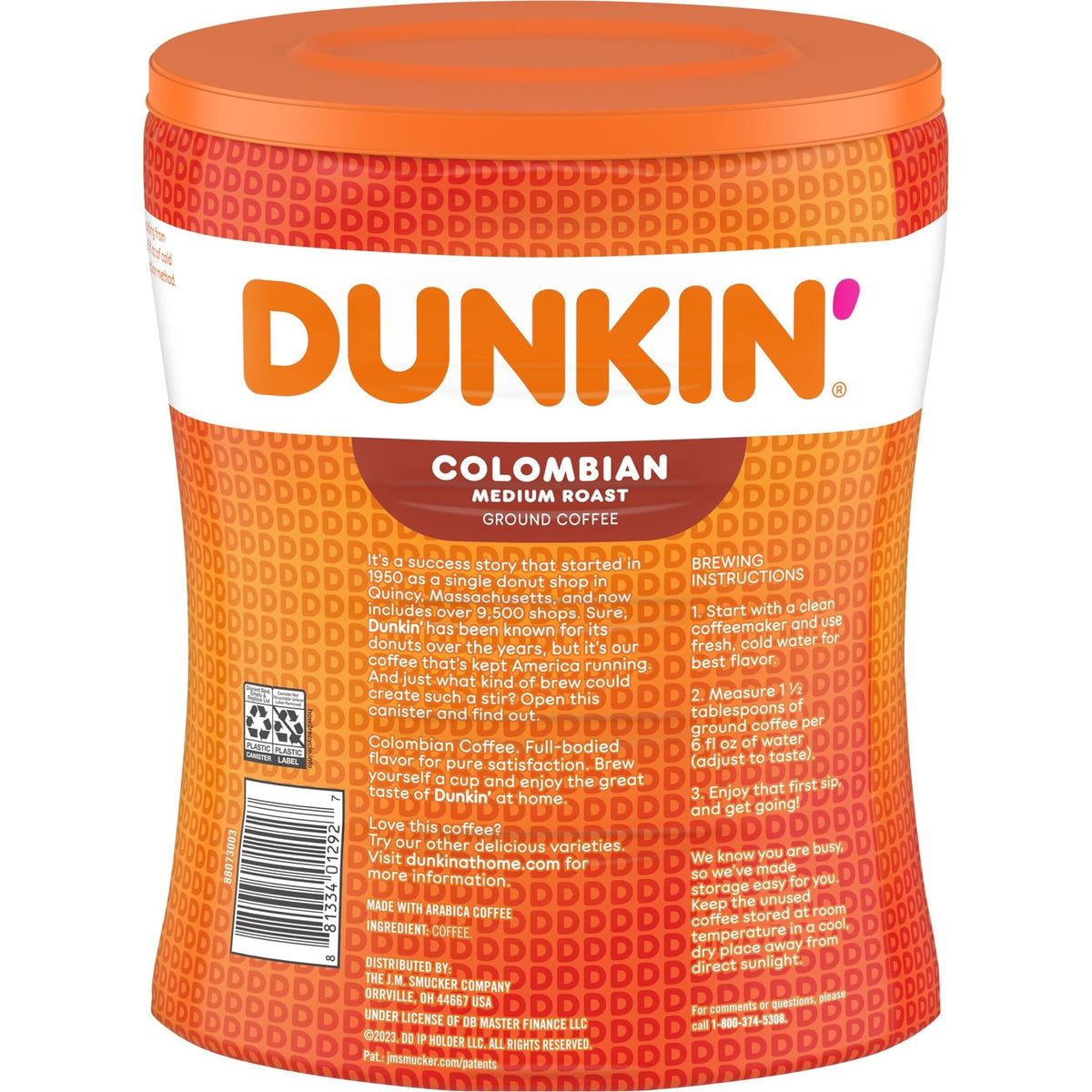 4 pack) Dunkin’ Colombian Medium Roast Ground Coffee, 27.5 oz Canister