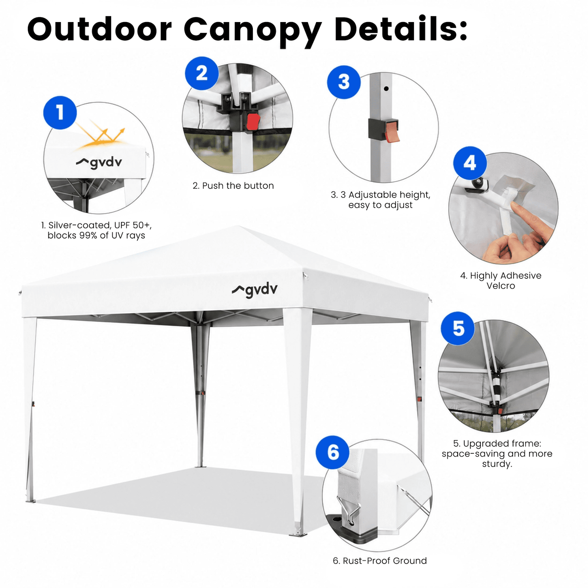 GVDV 10x10 Pop Up Canopy Tent, Instant Straight Leg Canopy, Outdoor Shading Shelter, White