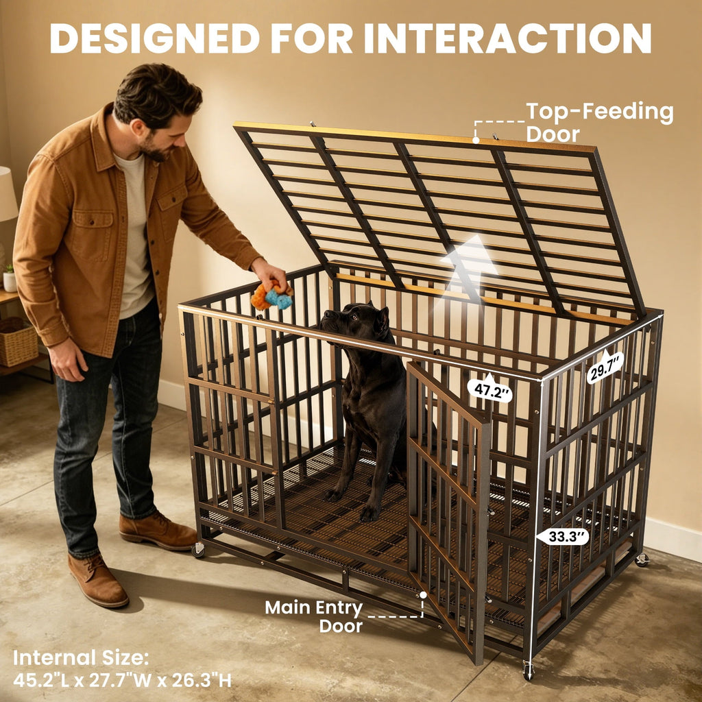 YOKWOK 48 Inch Heavy Duty Dog Crate, Indestructible Steel Chew & Escape Proof Dog Cage for Large High Anxiety Dogs, XL Metal Dog Kennel with Locking