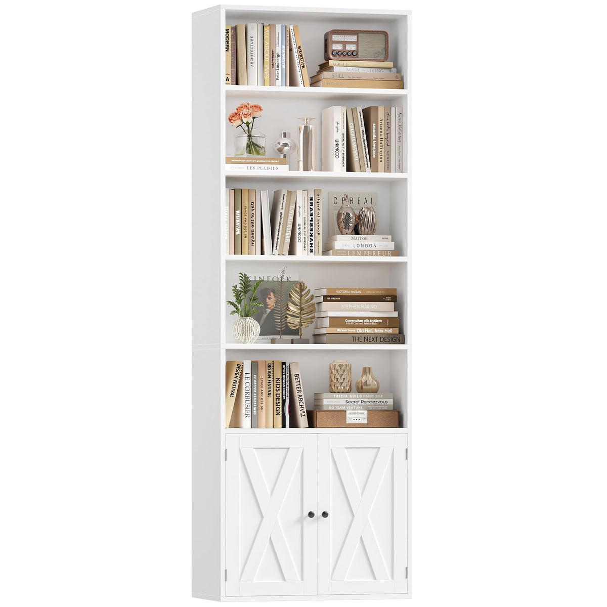Hiphuta 82.3" Tall Bookcase with Doors, 5-Tier Bookshelves with Storage, 23.6"W Display Shelf with 2 Doors for Home Office, Living Room, White