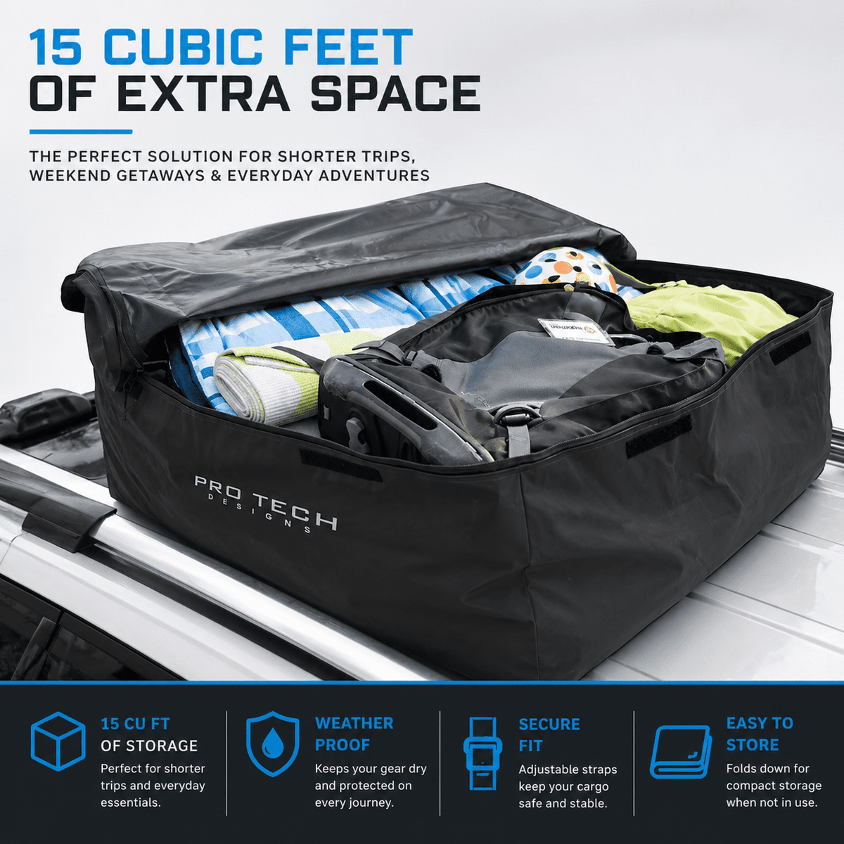 Journeyer - 15 Cubic Feet Weatherproof Rooftop Cargo Carrier for Top of Vehicle, Attaches With or Without Roof Rack