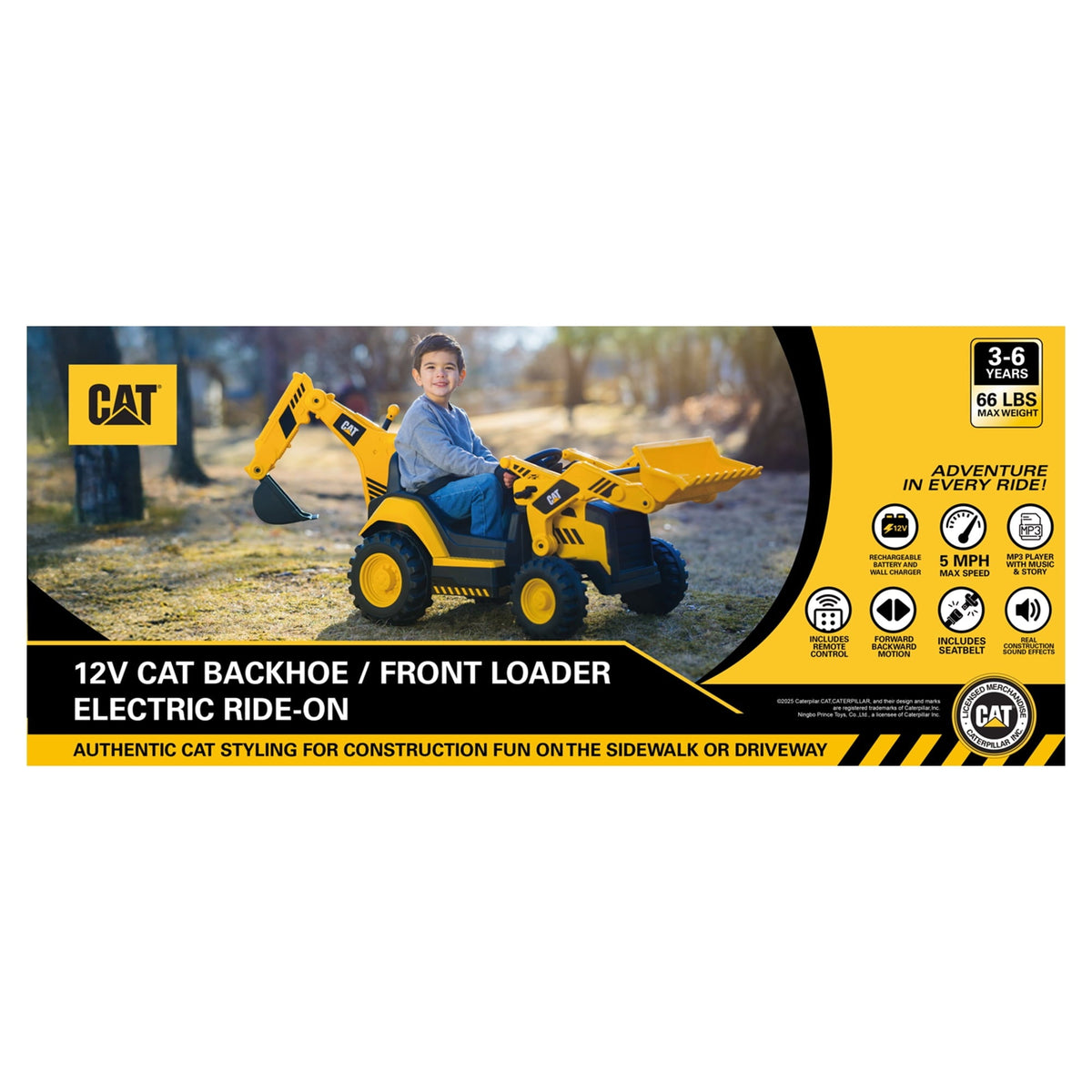 Kid Trax 12V CAT Backhoe Loader Ride-On Excavator with Working Loaders, MP3, Real Sounds, Ages 36