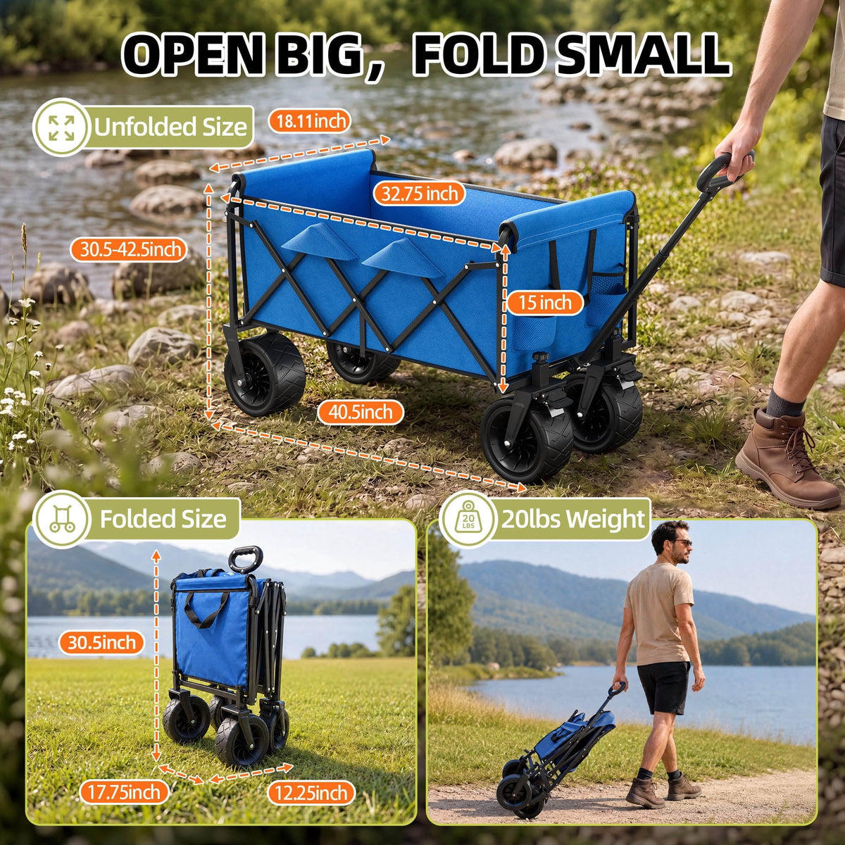 Qunler 560lbs Collapsible Folding Wagon, Heavy Duty Utility Beach Cart with 8" Wheels and Side Pocket, Large Capacity for Camping, Beach, Shopping
