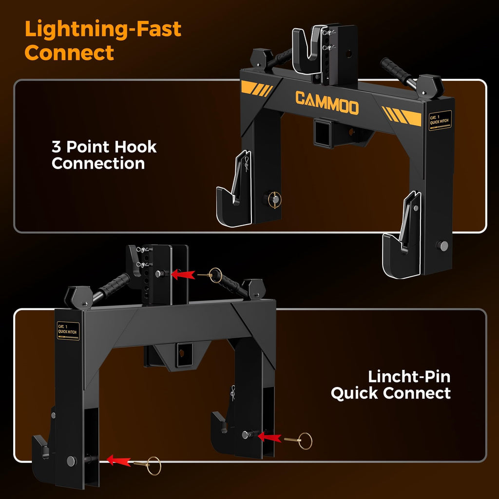 CAMMOO Cat 1 3-Point Quick Hitch with 2" Trailer Hitch Receiver, No Bushing Required Heavy Duty Tractor Accessories and Towing Hitch, 3000 lbs, Black