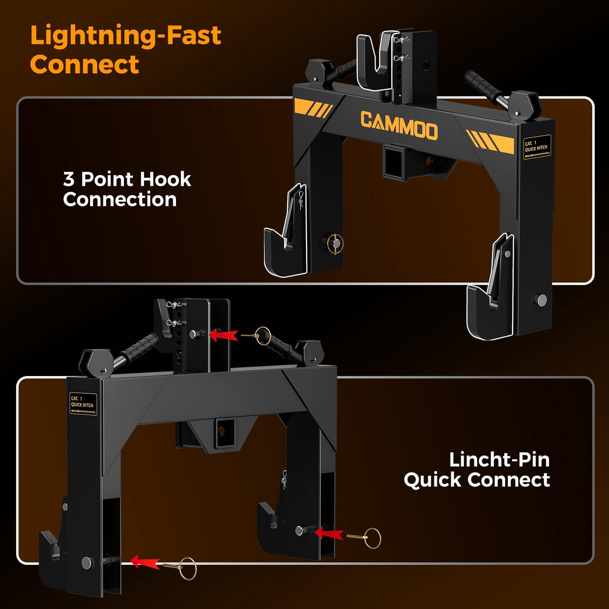 CAMMOO Cat 1 3-Point Quick Hitch with 2" Trailer Hitch Receiver, No Bushing Required Heavy Duty Tractor Accessories and Towing Hitch, 3000 lbs, Black