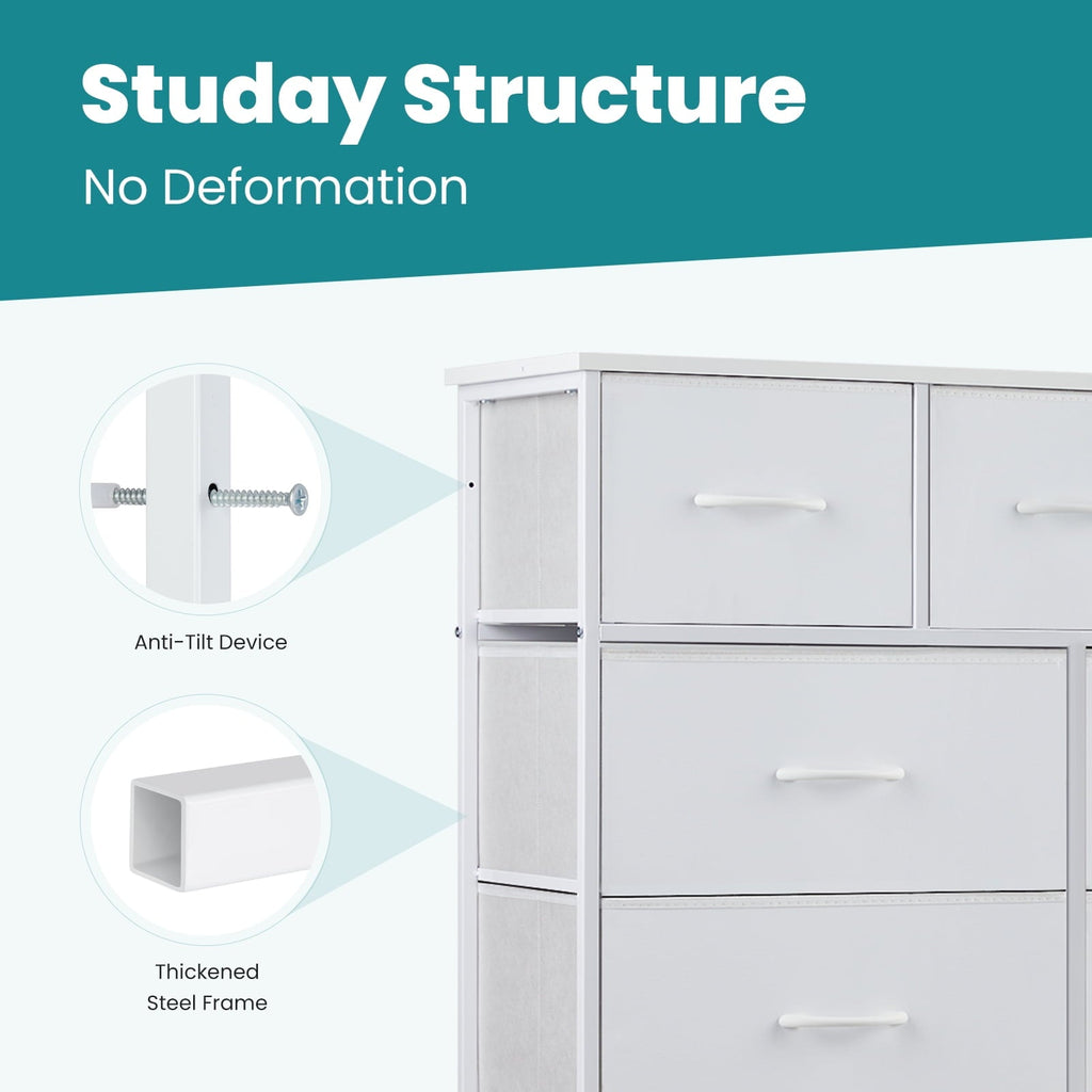 edx Fabric Storage Dresser with 9 Drawers, Steel Frame and Wooden Top for Bedroom, Closet and Entryway , White