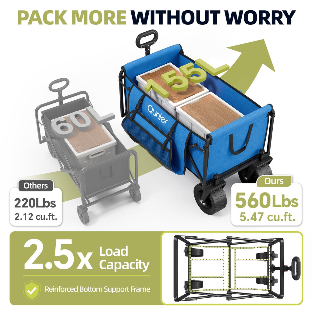 Qunler 560lbs Collapsible Folding Wagon, Heavy Duty Utility Beach Cart with 8" Wheels and Side Pocket, Large Capacity for Camping, Beach, Shopping