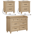 3 Piece Dresser and Nightstand Sets, Farmhouse Dresser with 6 Drawers, Set of 2 Night Stands with Charging Staion, 3 Piece Bedroom Set, Oak