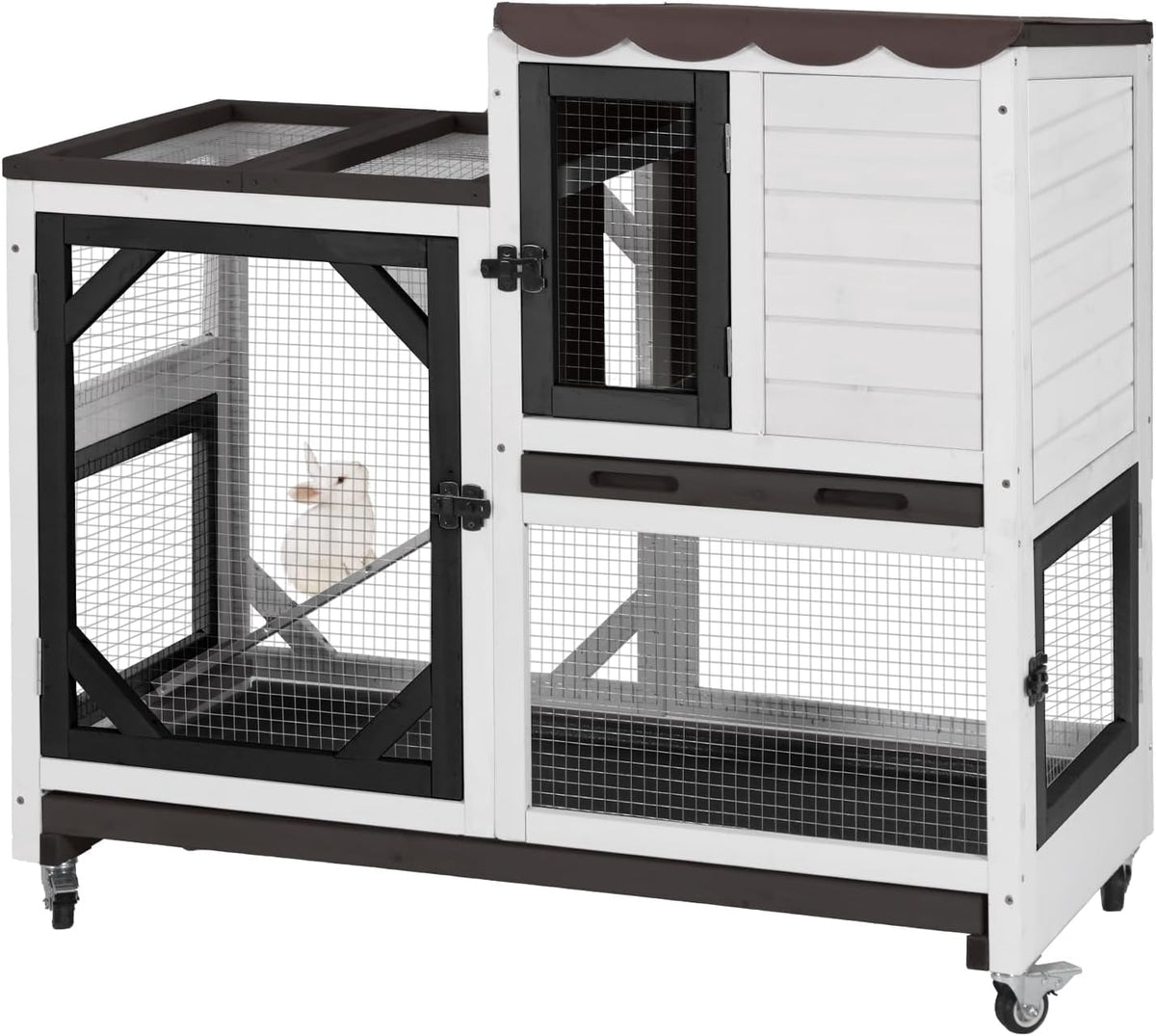 2-Story Rabbit Hutch Bunny Cage with Leak-Proof Trays & Chew-Proof Ramp - Indoor/Outdoor 39.3" Wooden Rabbit Cage with Wheels (Black)