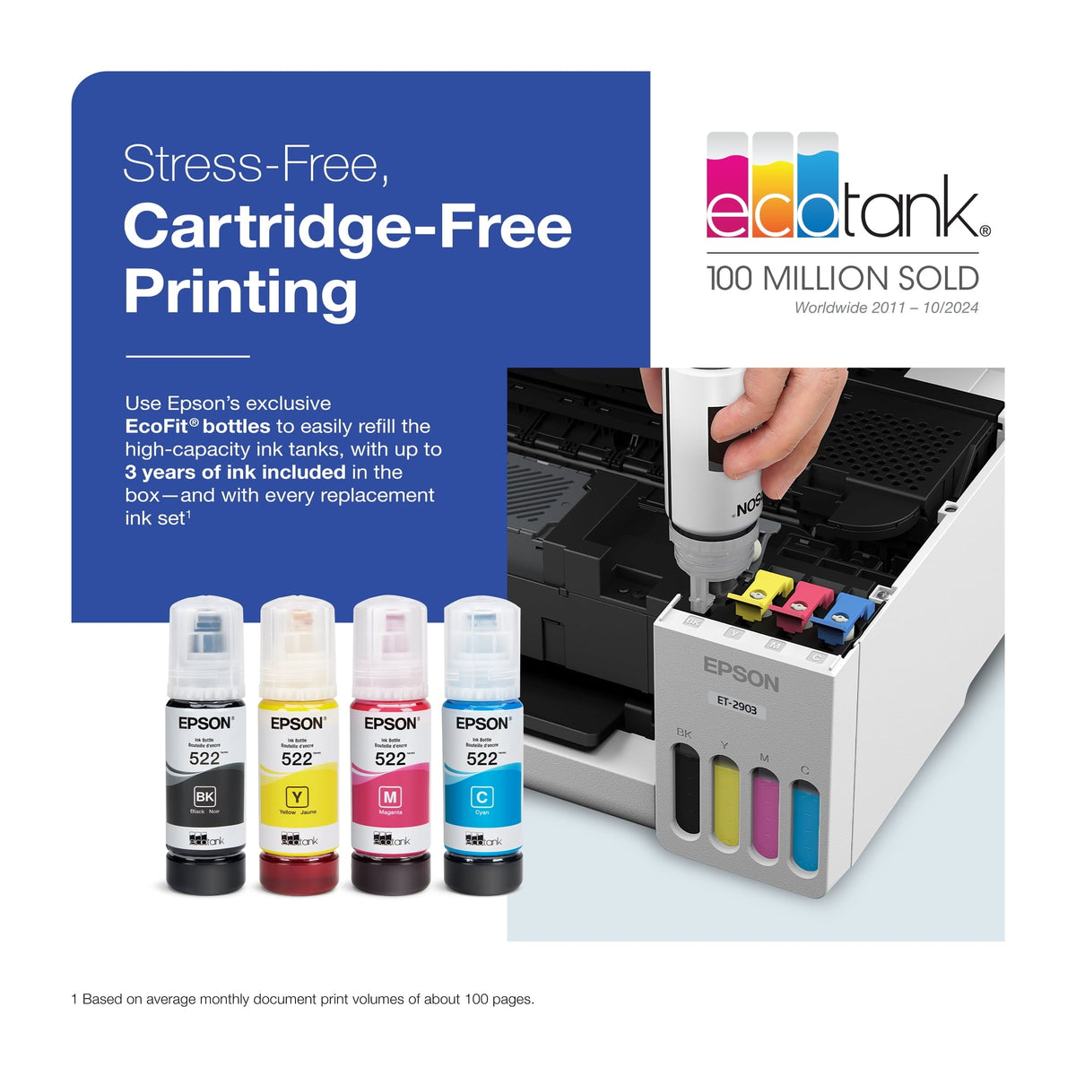 Epson EcoTank ET-2903 Wireless All-in-One Color Supertank Printer with up to 3 Years of Ink, Refillable Tanks, Perfect for Home, 11 PPM, 1.44" Color