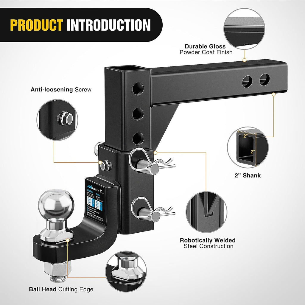 Nilight 8-Position Adjustable Trailer Hitch Ball Mount with 2 inch Ball Fits 2 Inch Receiver with 5/8" Pin Lock 7500 lbs, 9-1/2" Drop, 8-1/4" Rise