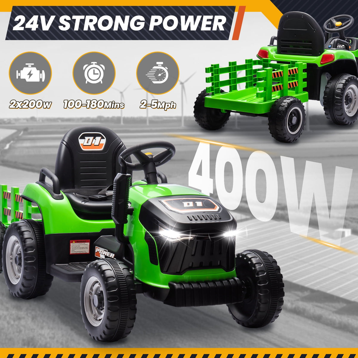 Joyracer 24 Volt Ride on Toys, Ride on Tractor w/ Tiltable & Detachable Trailer, 2x200W Power Car Wheels for Kids, Remote Control, Bluetooth, Shifter