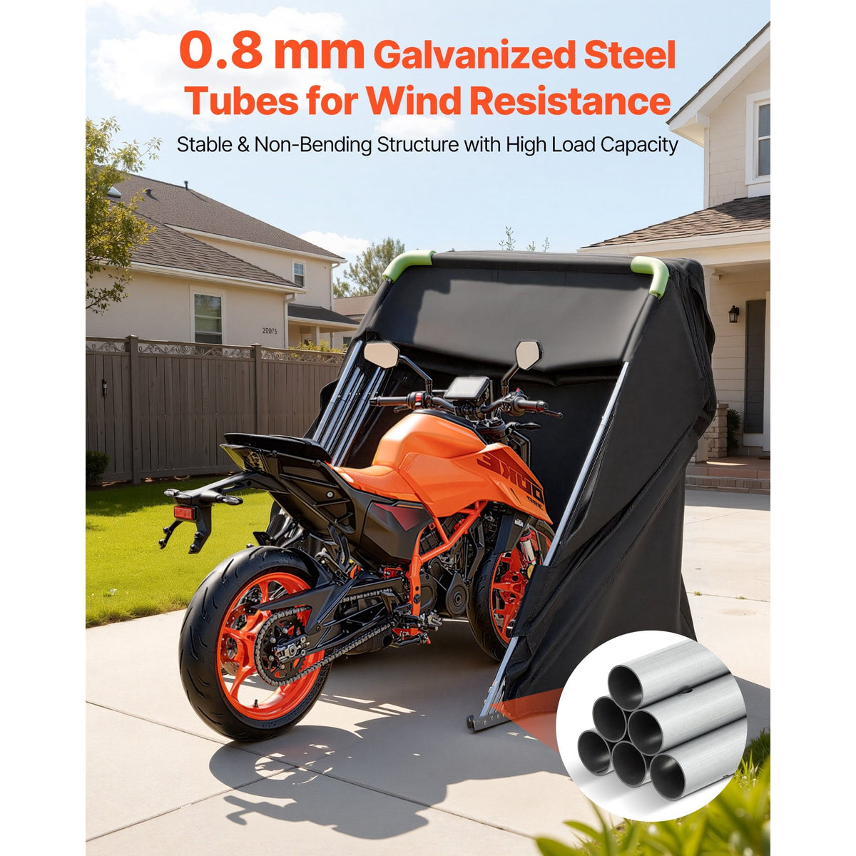 KFFKFF Motorcycle Storage Shelter with Security Lock, 600D Oxford Flip-Up Garage Tent, Durable All-Weather Cover with Ventilation Windows, 110 x 43 x