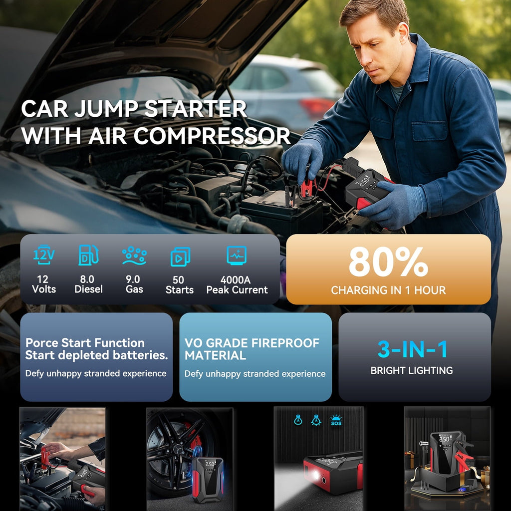 8-in-1 Emergency Jump Starter & Tire Inflator – 4000A Peak for Gas/Diesel Engines, 150PSI Auto-Stop Air Compressor, LED Light + Power Bank | All